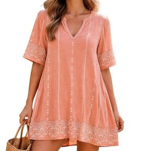 Hinge Womens Shift Dress Coral Pink Size Small Embroidered Coastal Boho Vacation